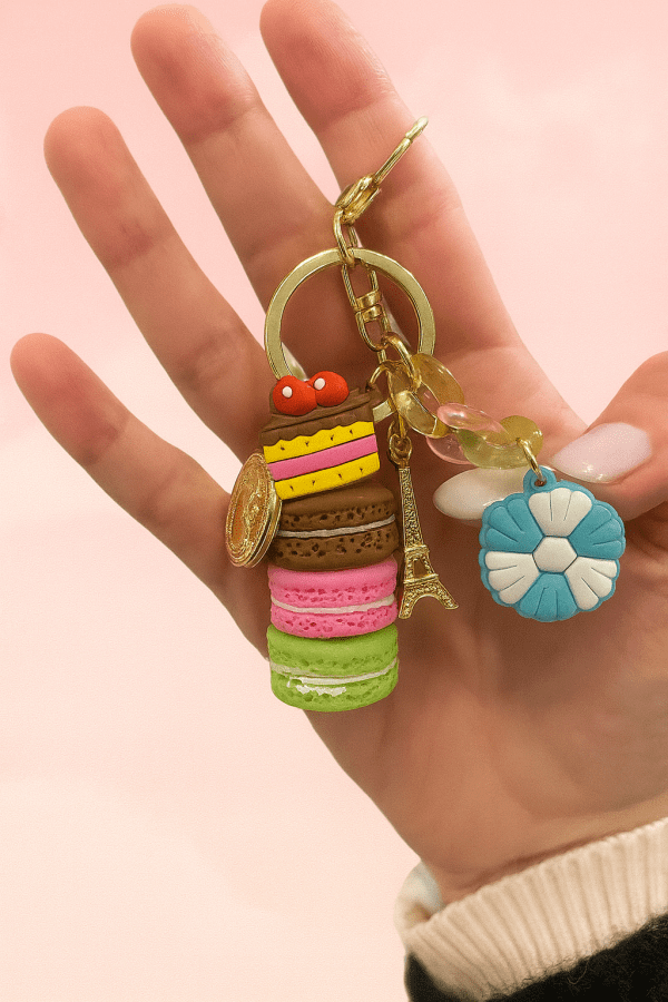 Sweet Collection macaron keychains in pastel colors with cute surprise charms