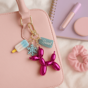 Glittery heart key with playful balloon dog charm