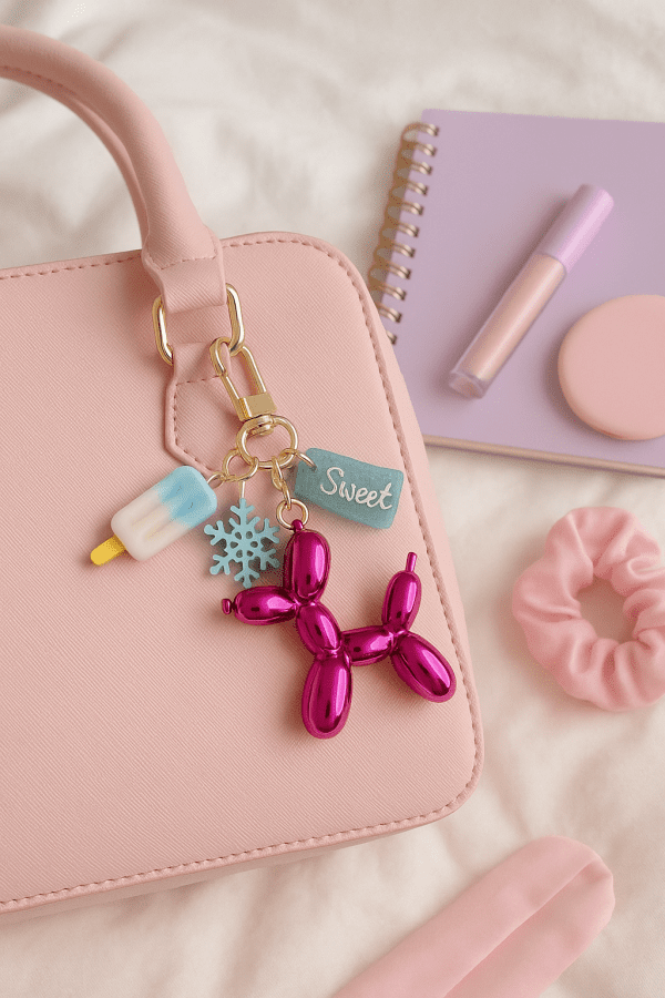 Glittery heart key with playful balloon dog charm