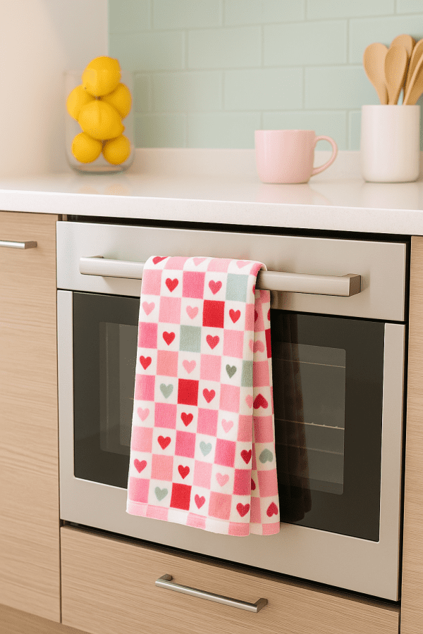Kitchen towel set in stylish pastel kitchen environment