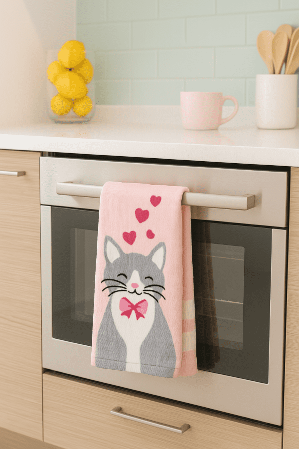 Kitchen towel set in stylish pastel kitchen environment