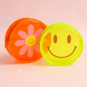 Vibrant Smiley Cosmetic Bag Set – 2-piece neon organizer bags with smiley face and daisy design.