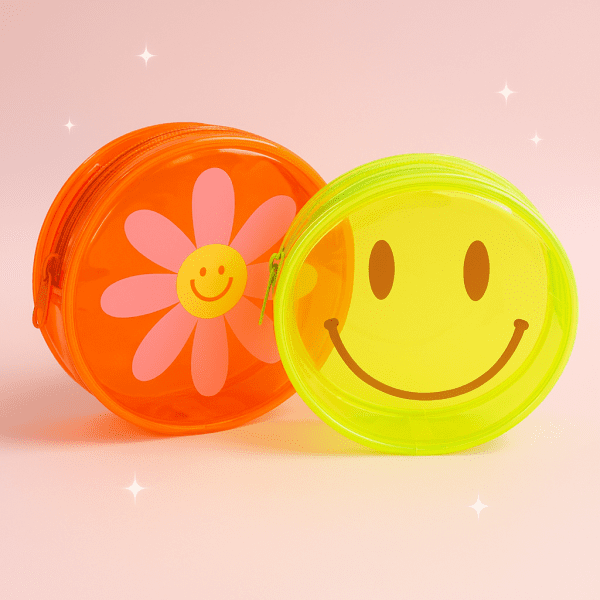 Vibrant Smiley Cosmetic Bag Set – 2-piece neon organizer bags with smiley face and daisy design.