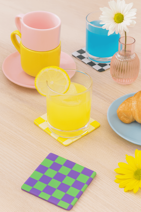 Colorful checkered coasters arranged in playful geometric pattern