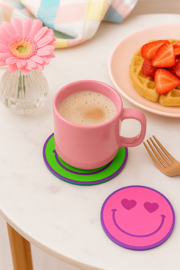 Happy Vibes Collection coaster set with smiley face design on pastel background