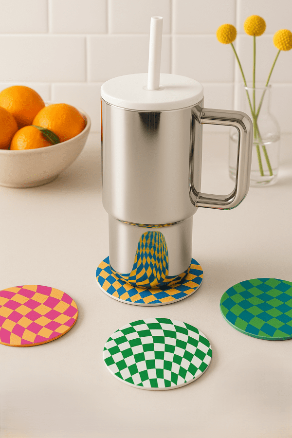 Optical illusion coaster set creating vibrant visual energy