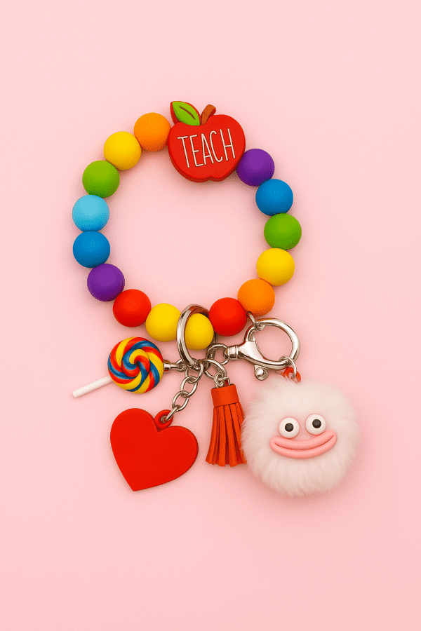 Teachy Collection Keychains – set of 6 pastel plush charms with colorful silicone bead bracelets, perfect for gifts or cute everyday accessories.