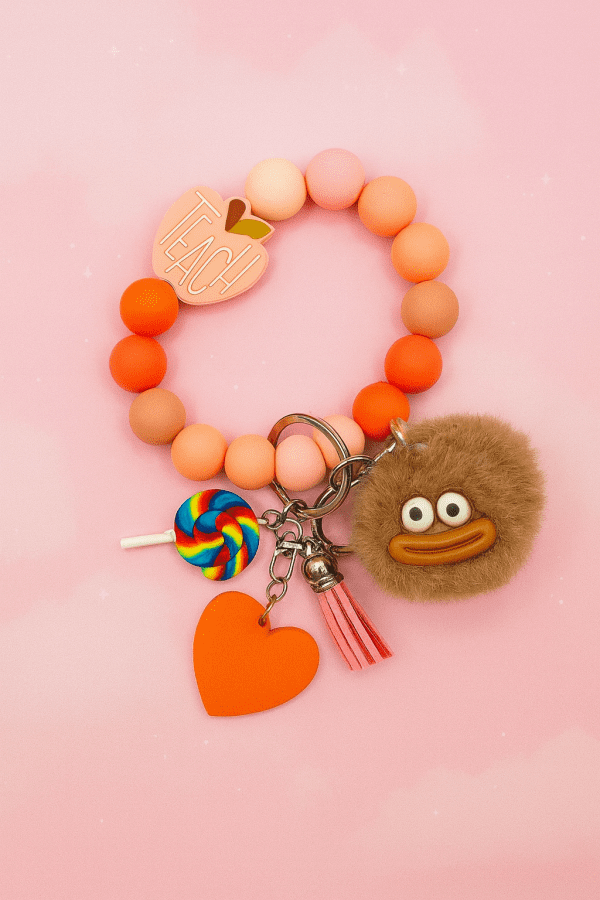 Teachy Collection Keychains – set of 6 pastel plush charms with colorful silicone bead bracelets, perfect for gifts or cute everyday accessories.