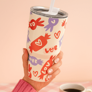 Love Candy Steel Tumbler with pastel candy and heart design