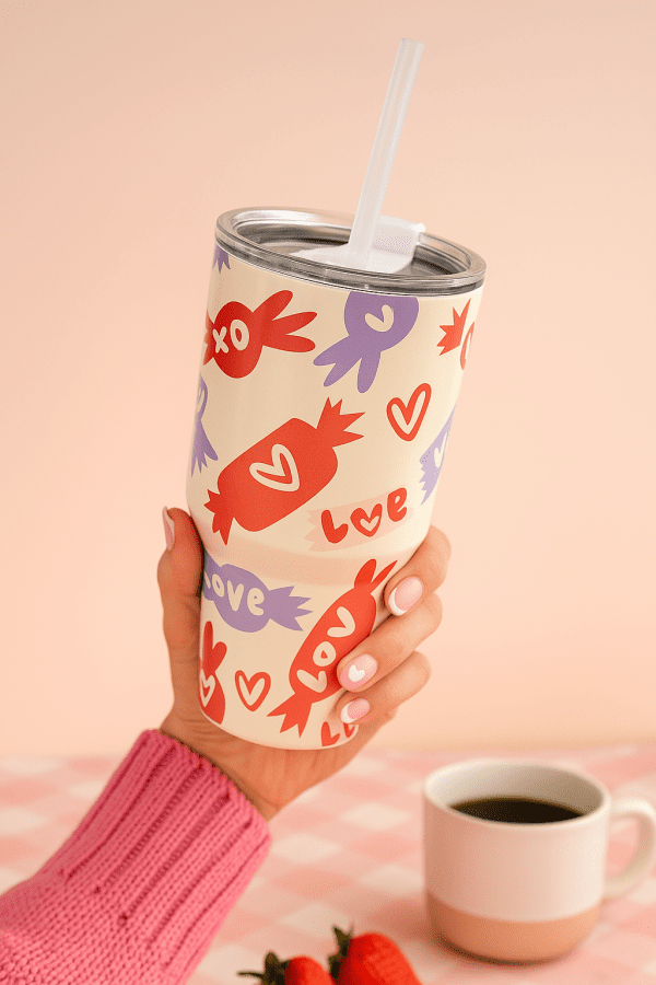Love Candy Steel Tumbler with pastel candy and heart design