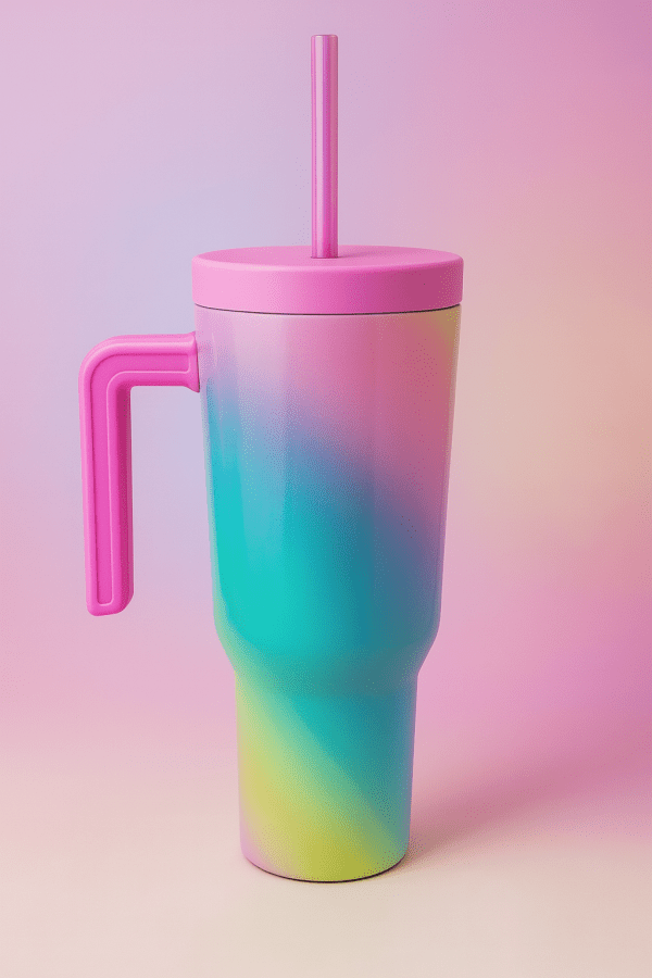 Gradient Glow Tumbler with colorful pastel gradient design and handle