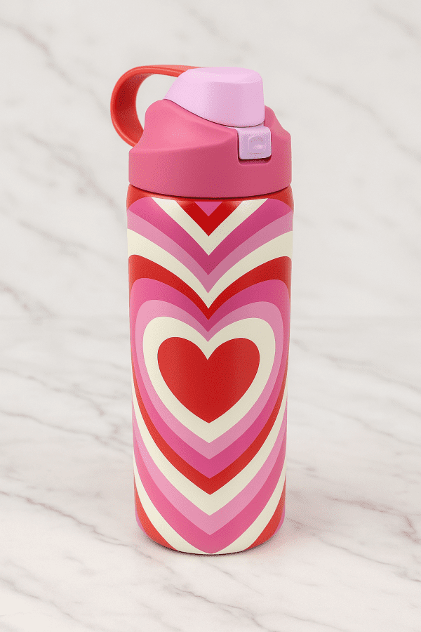 Love Heart Sports Bottle with vibrant red and pink heart design