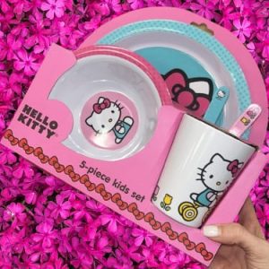 Hello Kitty Dinner Set – 5-piece colorful set for kids with cup, bowl, plate, fork, and spoon.