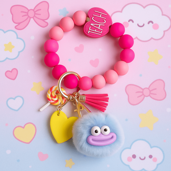 Teachy Collection Keychains – set of 6 pastel plush charms with colorful silicone bead bracelets, perfect for gifts or cute everyday accessories.