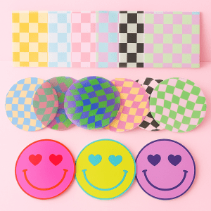 Happy Vibes Collection – Set of colorful coasters in Smiley, Checkered, and Optical styles