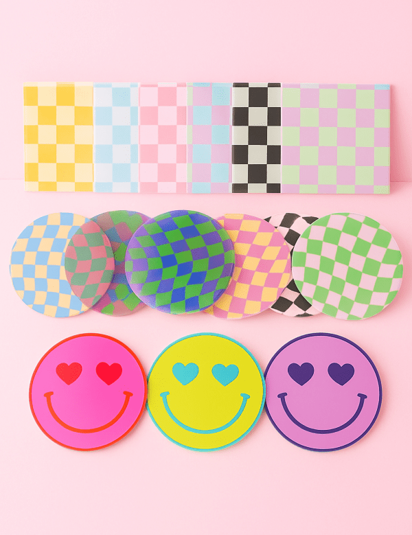 Happy Vibes Collection – Set of colorful coasters in Smiley, Checkered, and Optical styles