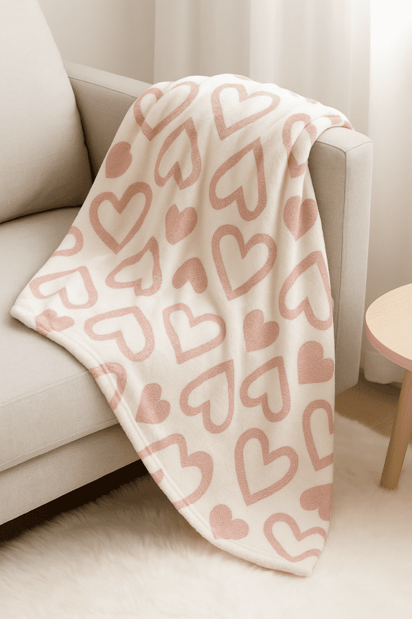 "Velvet Heart Blanket – Folded white plush throw with shiny pink hearts placed in a woven basket. Cozy and decorative storage idea.