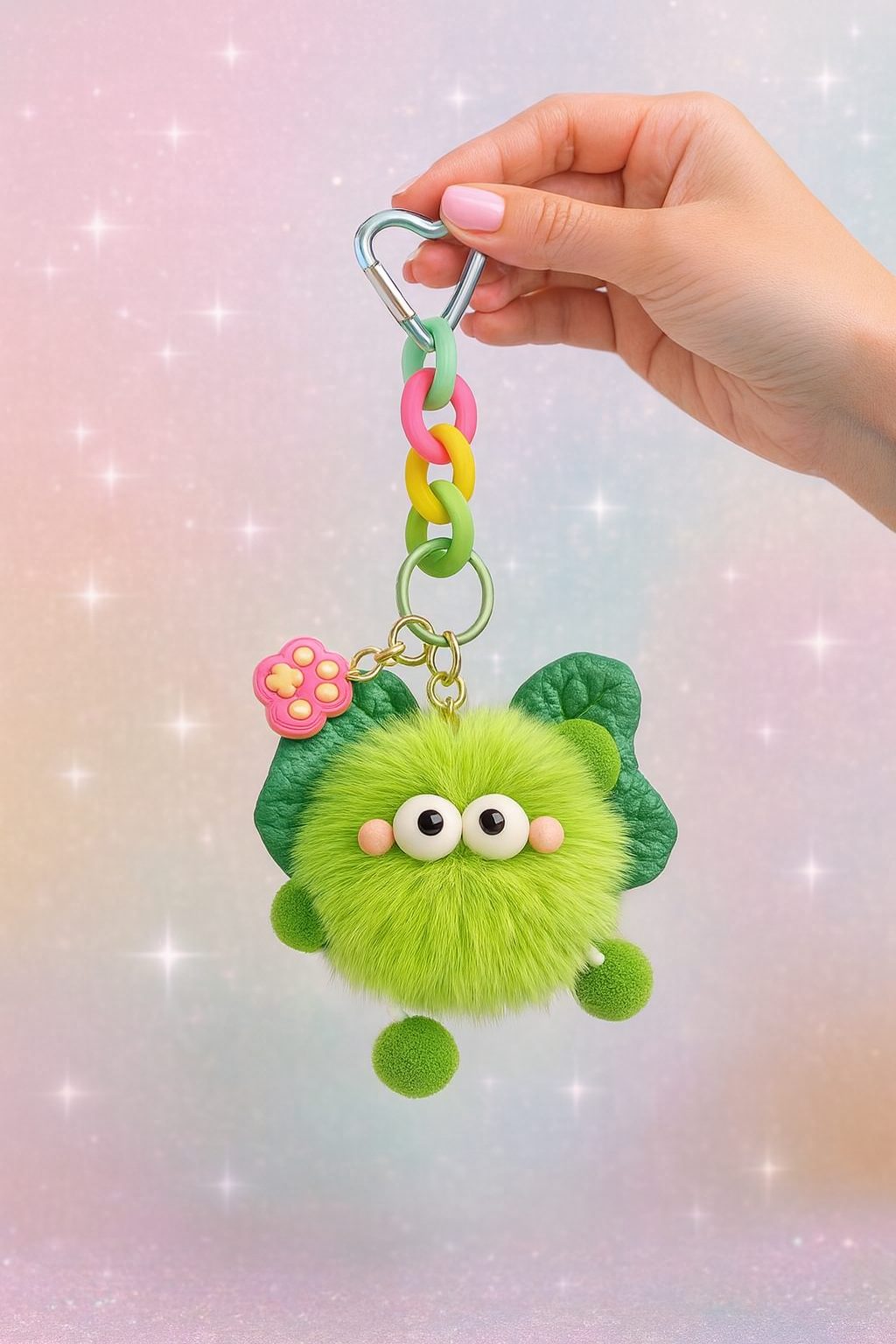 A hand holds a cute green fluffy keychain from the Charmies Keychain Collection by Pasha Love. The plush character has round eyes, pink cheeks, green wings, and colorful chain links in pink, yellow, and green with a blue heart-shaped clip. The background is soft pastel with sparkles, creating a dreamy and glam aesthetic.